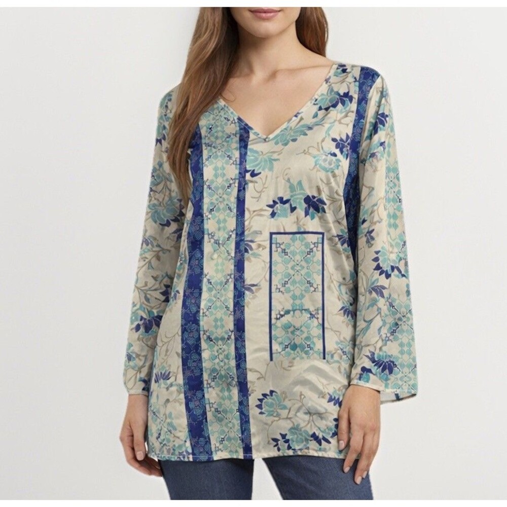 Jean Pierre Klifa Paris Silk Tunic Top Size Large Blue Geometric Resort Vacation